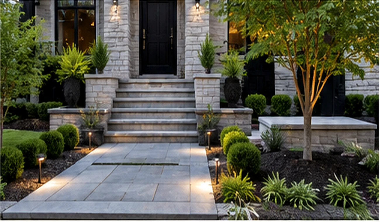 Landscaped residential entrance with stone steps, garden beds, and lighting