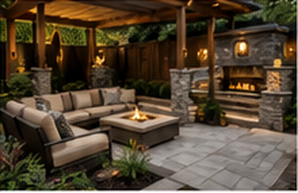 Outdoor lounge with stone fireplace and fire table