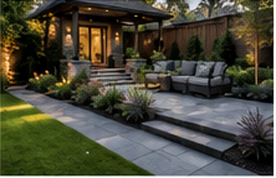 Contemporary backyard with lawn, patio, and structured planting