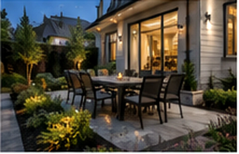 Backyard dining patio beside a landscaped home